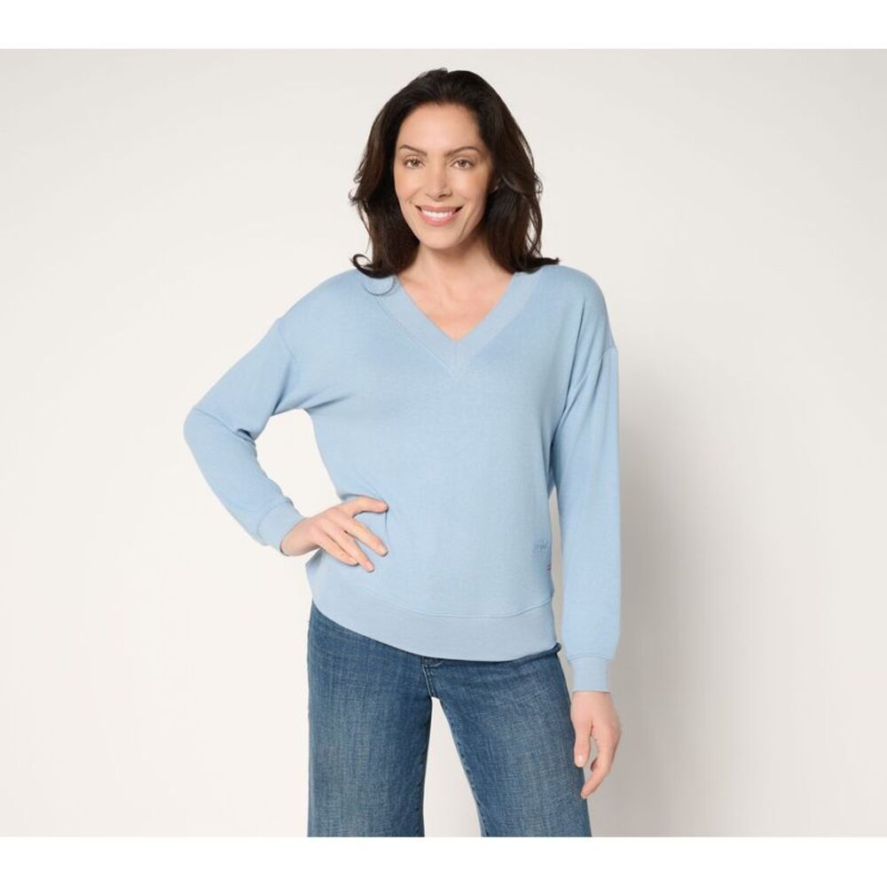 Peace Love World Women's Top Sz XS Comfy V-Neck Embroidered Blue A695841